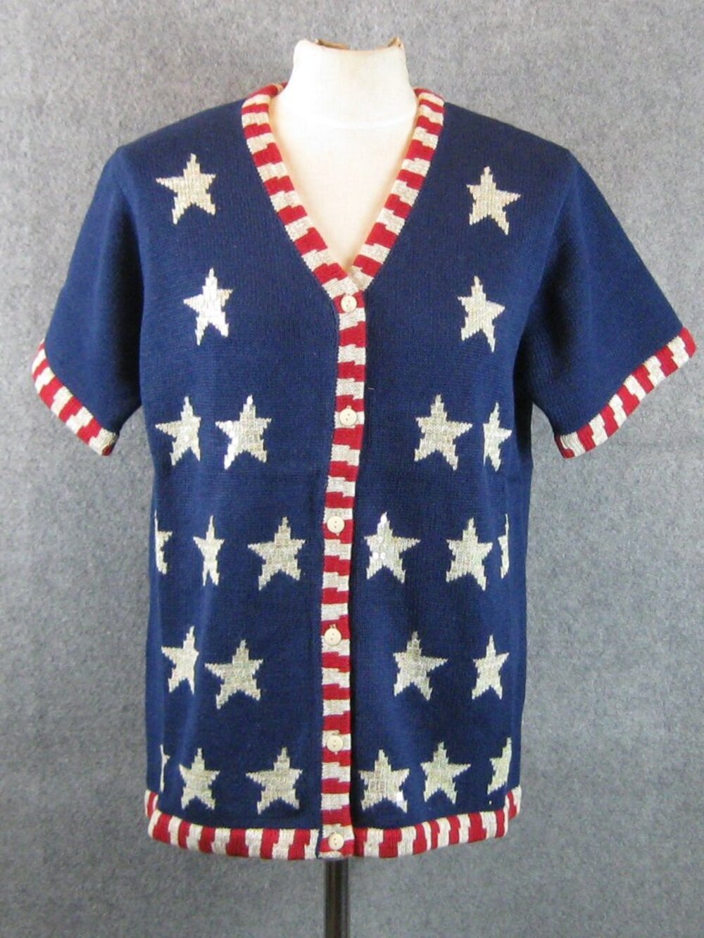 Quacker Factory Cardigan Sz M Sequined Stars Button Covers Navy